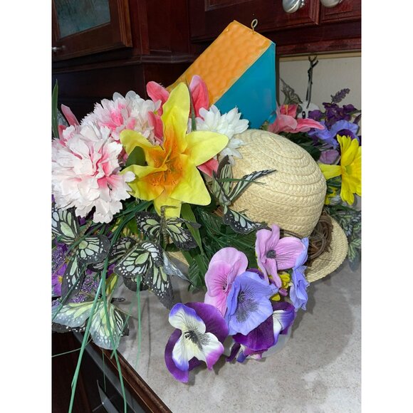 Kentucky Derby Handmade Floral Wide-Brim Straw Hat With Vibrant Flowers Butterfl - Picture 7 of 11